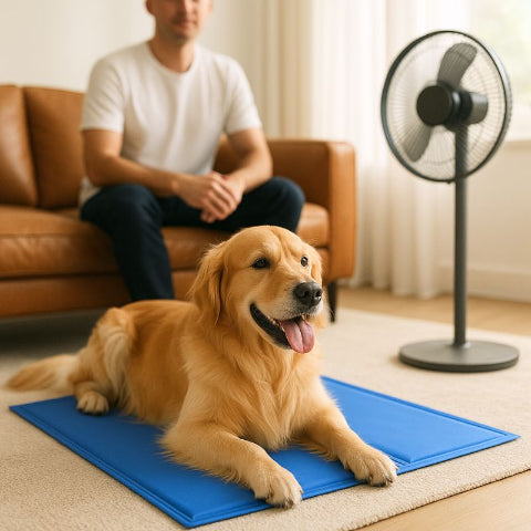 golden retriever allongé sur tapis rafraichissant chien bleu jeltop