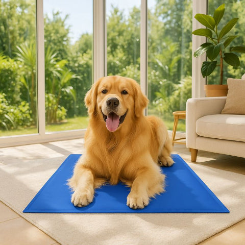 golden retriever allongé sur tapis rafraichissant chien dans verrière jeltop