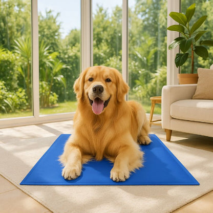 golden retriever allongé sur tapis rafraichissant chien dans verrière jeltop