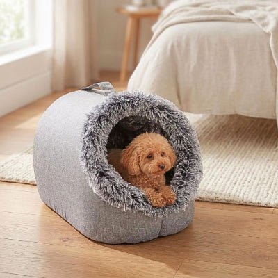 Caniche toy dans une grotte pour chien Cavina semi-fermée grise