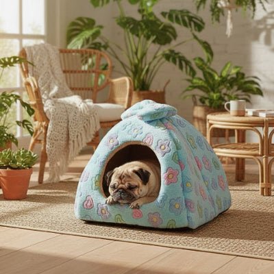 carlin couché dans une grotte pour chien facile à laver bleue