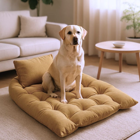 labrador-assis-sur-lit-chien-jaune-flexi