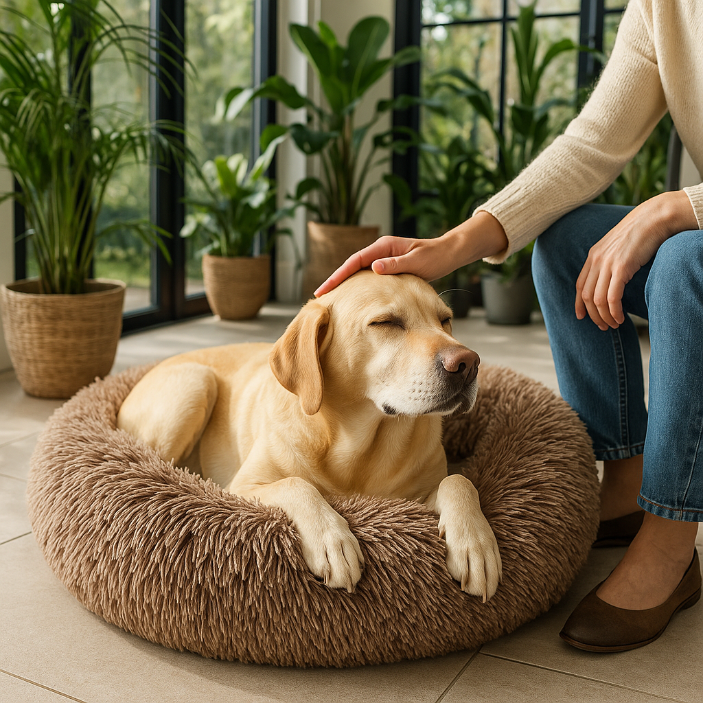 labrador couché dans un panier chien rond avec sa maitresse à côté qui le flatte