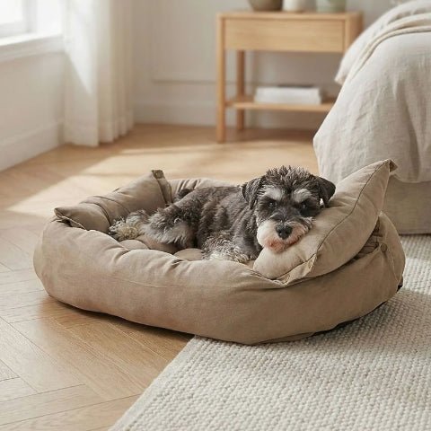 Shnauzer couché sur un lit chien Flexi marron transformable 3 en 1