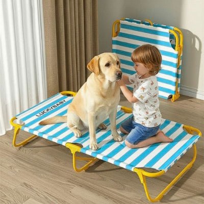 Labrador sur un lit de camp pour chien Solil rayé bleu antidérapant et respirant