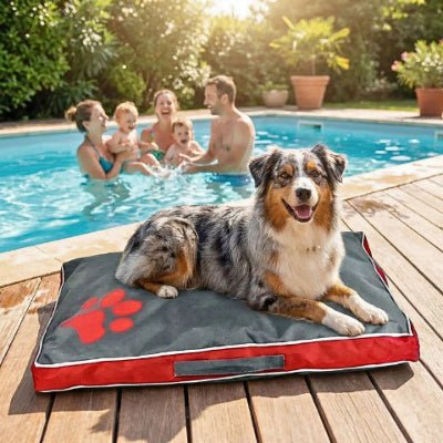 Berger australien couché sur un matelas pour chien Resistar rouge hydrofuge