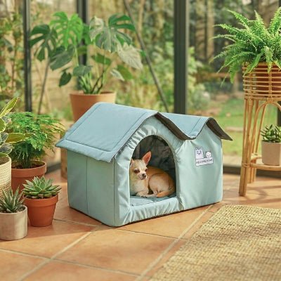 Chihuahua dans une niche d'intérieur pour chien Glacine douillette verte claire