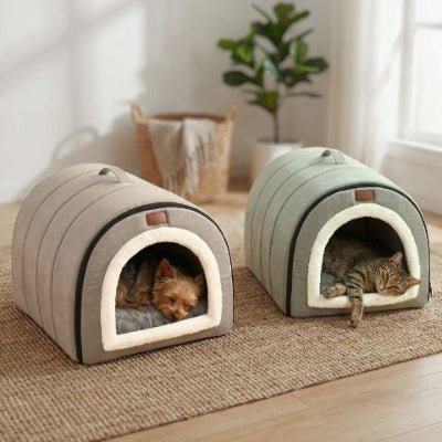 Yorkshire terrier et chat chacun dans une niche d'intérieur pour chien Mimosa