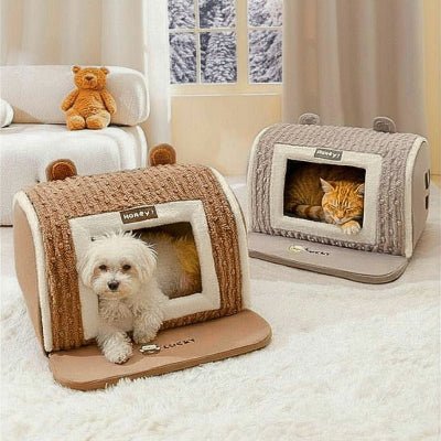 deux coloris de niche d'intérieur pour chien marron et gris