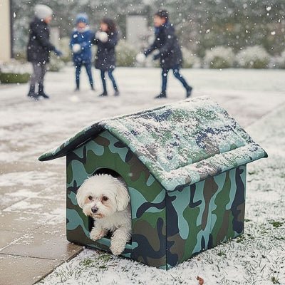Bichon maltais dans une niche pour chien extérieur Kabanou imperméable verte