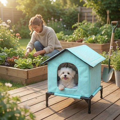 Bichon maltais couché dans une niche pour chien extérieur Minix robuste bleue