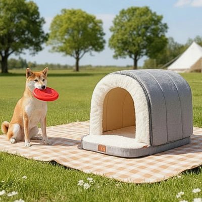 Shiba inu assis à côté de la niche pour chien intérieur Cosynid grise