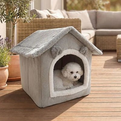 Bichon maltais dans niche pour chien intérieur Doucette anti-anxiété grise