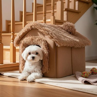 Bichon maltais dans une niche pour chien intérieur Douchalais rassurante marron