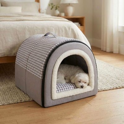 bichon maltais dans une niche pour chien intérieur ventalix grise transformable