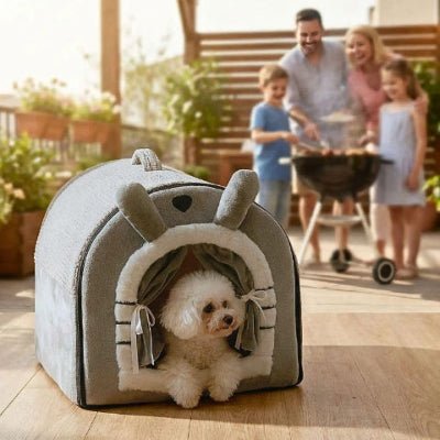 Bichon maltais dans une niche pour chien intérieur Mielou grise douillette
