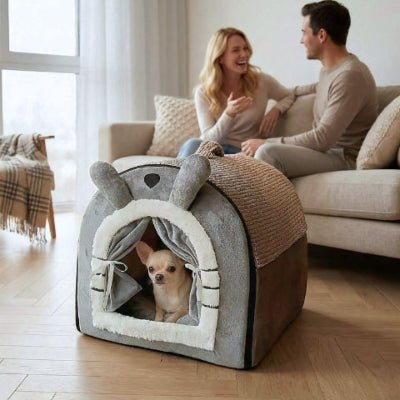 Chihuahua couché dans une niche pour chien intérieur Mielou grise antidérapante