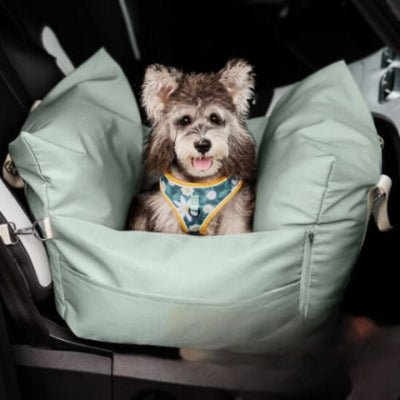 yorkshire terrier assis dans panier à chien nomadix vert clair sangles réglables