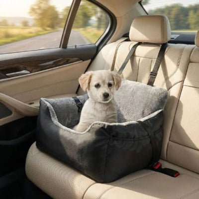chiot golden retriever dans panier chien caravelle noir avec sacs de rangement