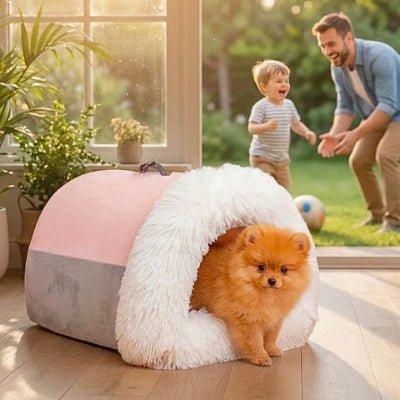 Poméranien dans un panier grotte pour chien Moumou anti-anxiété rose