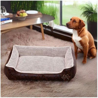 pinscher nain assis à côté d'un panier xxl pour chien blanc et marron résistant