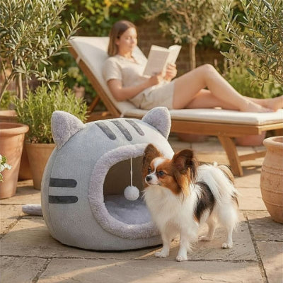 papillon debout près grotte pour chien grise teta