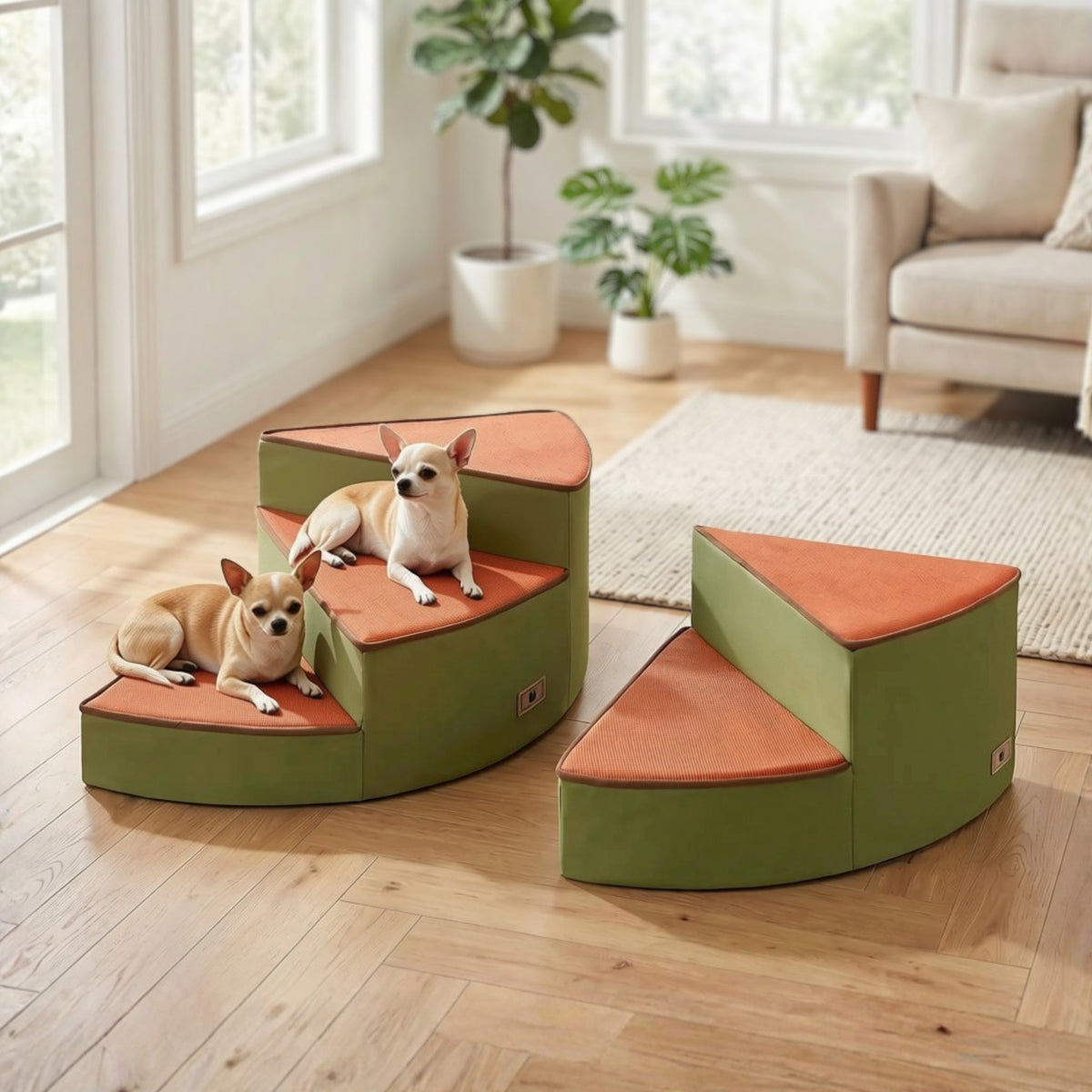 Deux chihuahuas couchés sur un des deux modèles de petit escalier pour chien Elivelle de 2 et 3 marches