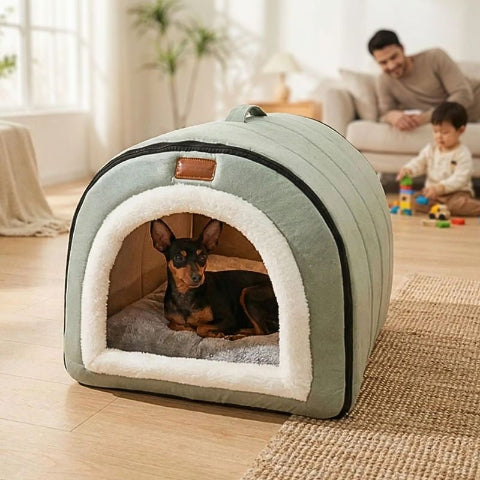 pinscher nain dans niche d'intérieur pour chien antidérapant mimosa