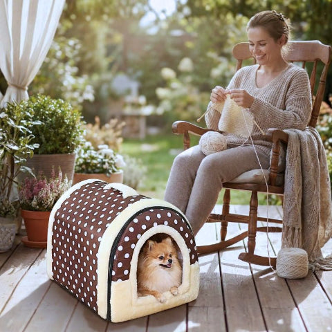 poméranien couché dans niche pour chien intérieur marron nuvia