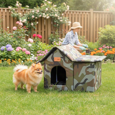 poméranien devant niche exterieur pour chien miwak robuste