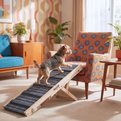 Yorkshire terrier montant une rampe pour chien Bono en bois massif poli