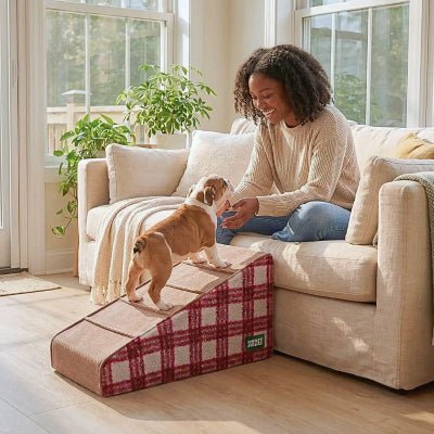 Bouledogue anglais chiot montant une rampe pour chien canapé Gatelle stable 