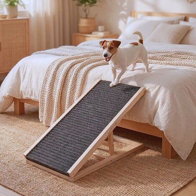 Jack russell terrier sur une rampe pour chien Pako pliable hauteur ajustable