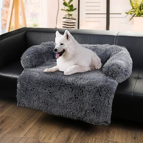 samoyède couché dans panier à chien gris foncé couvre-sofa