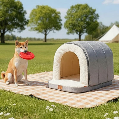 shiba inu à côté niche pour chien intérieur grise cosynid