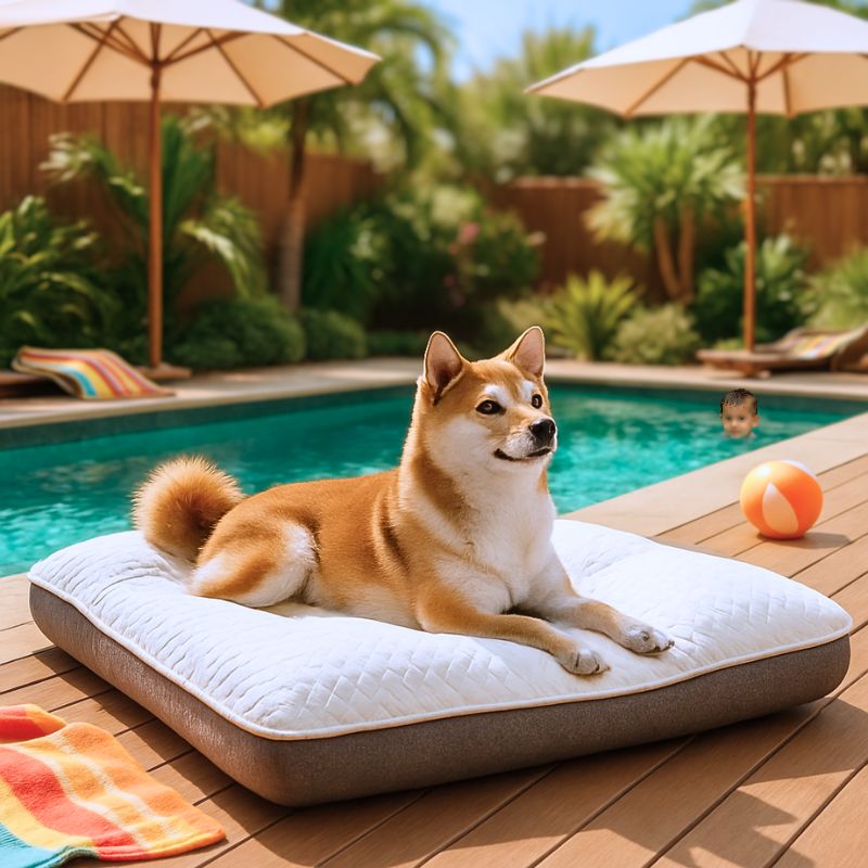 shiba inu allongé sur matelas sur bord piscine avec enfant dans l'eau