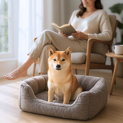 shiba inu assis dans lit pour chien gris loulou