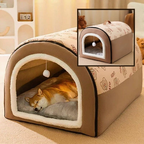 shiba inu couché dans niche chien intérieur marron convertible