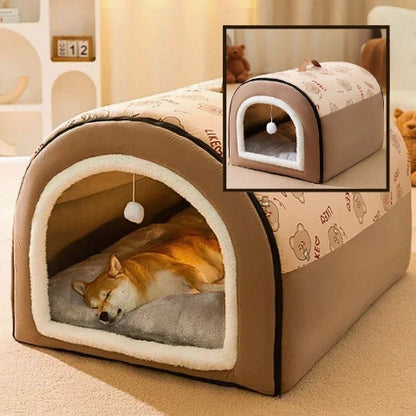 shiba inu couché dans niche chien intérieur marron convertible