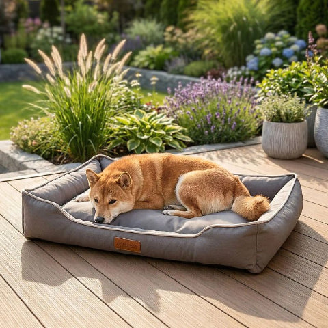 shiba inu couché sur coussin chien gris imperméable