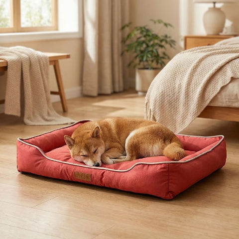 shiba inu couché sur coussin chien rouge imperméable