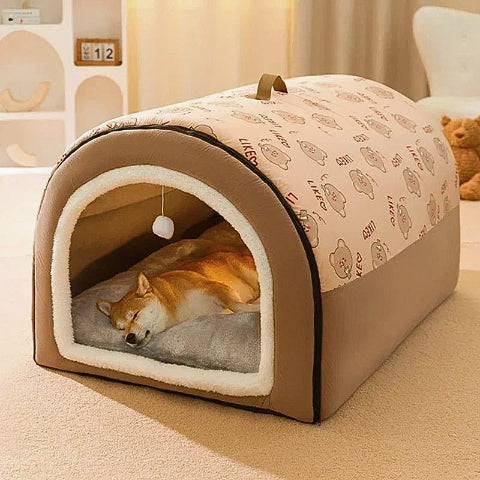 shiba inu endormi dans niche chien intérieur marron convertible