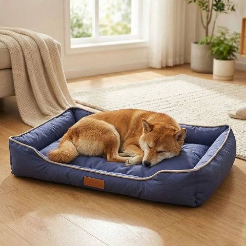 shiba inu endormi sur coussin chien bleu imperméable