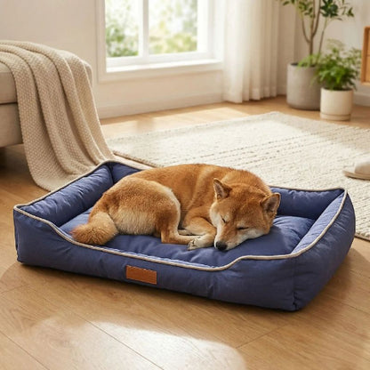 shiba inu endormi sur coussin chien bleu imperméable