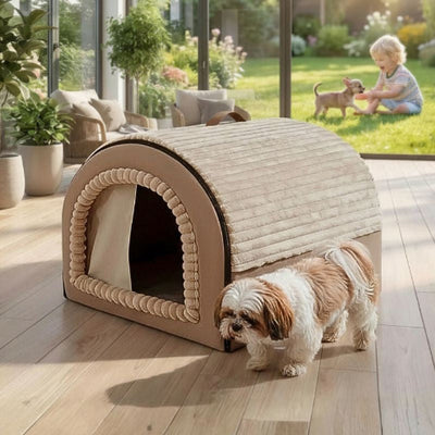 shih tzu à côté niche d'intérieur pour chien marron veluna