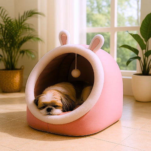 shih tzu endormi dans couchage pour chien rose coquino