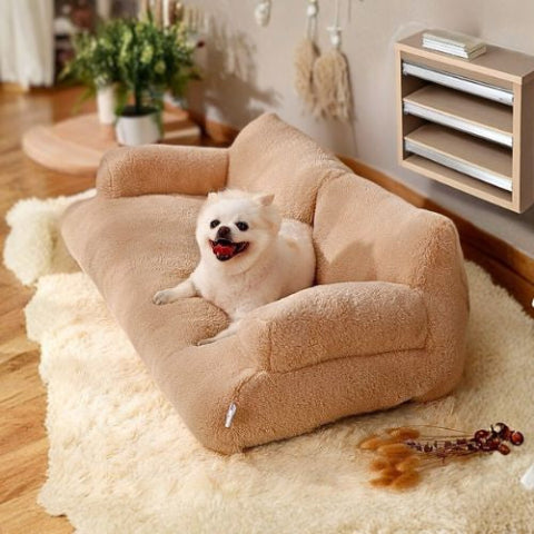 spitz allongé dans panier à chien moelleux canapé