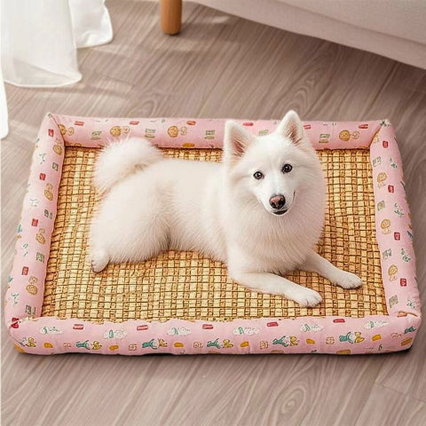 spitz japonais allongé sur tapis pour chien rafraichissant rose rotini