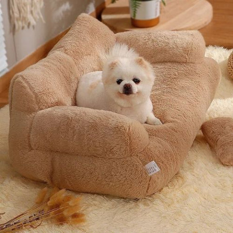 spitz nain allongé dans panier à chien marron canapé