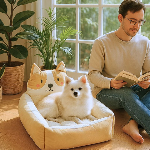 spitz nain couché dans couchage chien beige choupinou